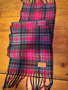 Coach Plaid Fringe Scarf in Navy, Pink & Burgundy With Leather Tag